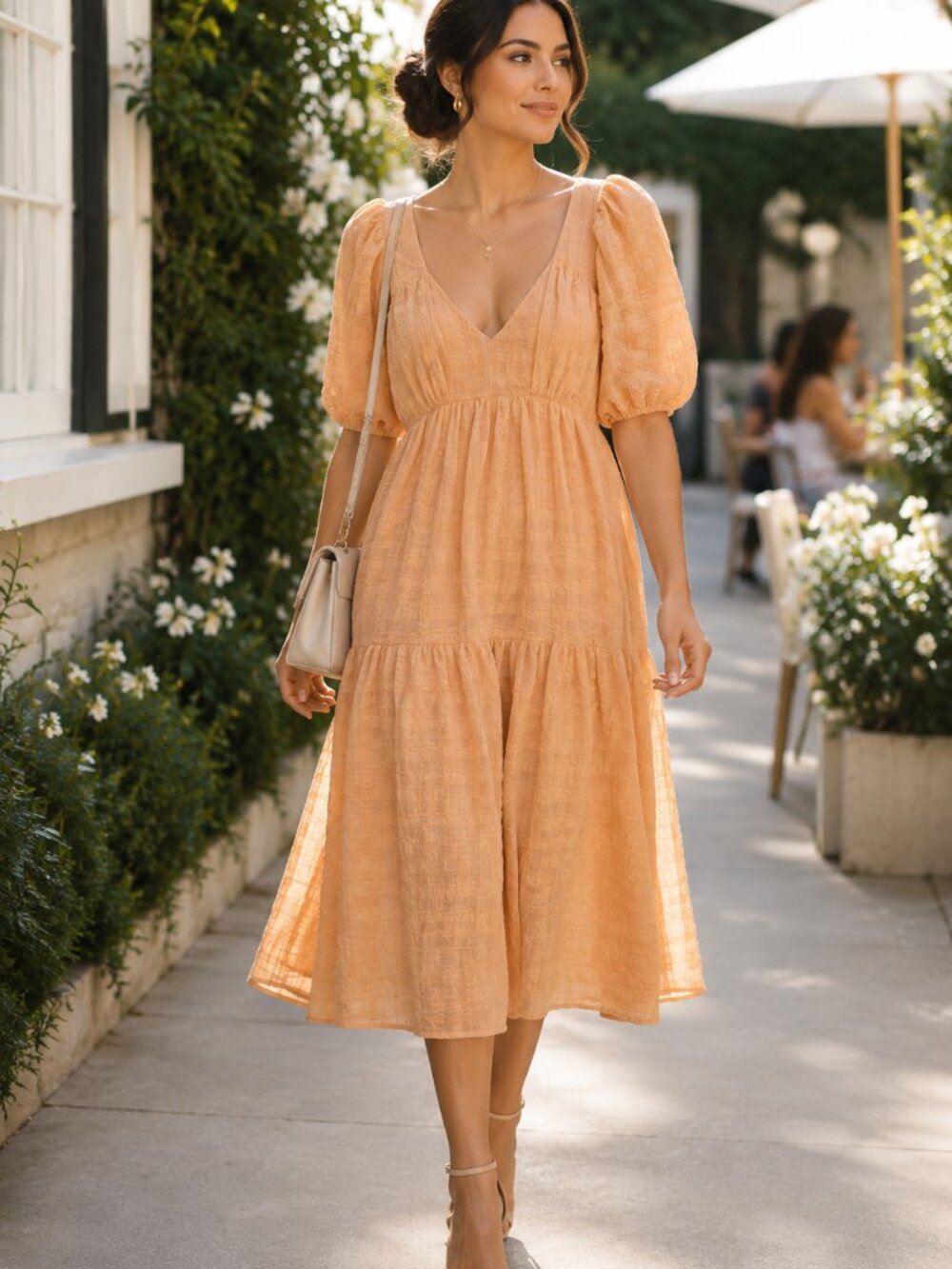 Lulus Peach Textured Open Back Tiered Midi Dress Size Small